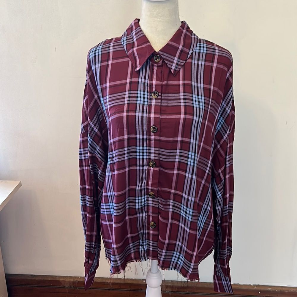 Love ,Fire burgundy blue plaid long sleeve blouse Size 1 X New